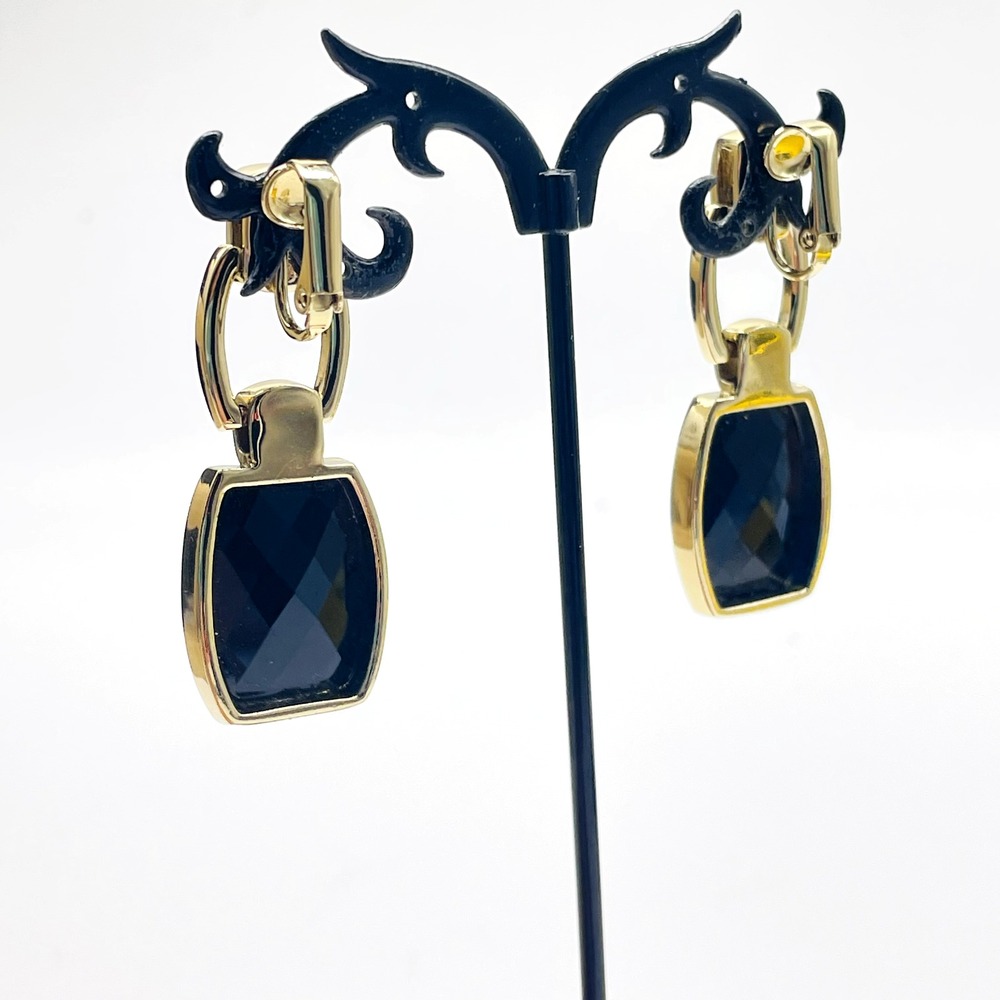 Anne Klein Signed Earrings Black Faceted Bead Gold Tone Dangle Clip On Statement - Picture 8 of 11
